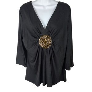 vtg Casual Express Black 3/4 Sleeve Medallion Studded V-Neck Top XL NWT goth